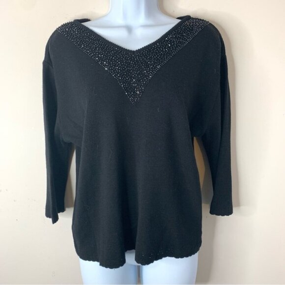 Women’s Sweater Vintage 90s Dolce Bella Wool Sequin Embroidery Black Scalloped - Picture 4 of 11